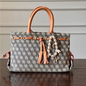 Dooney & Bourke Gray Monogram Satchel with Tan Leather Trim